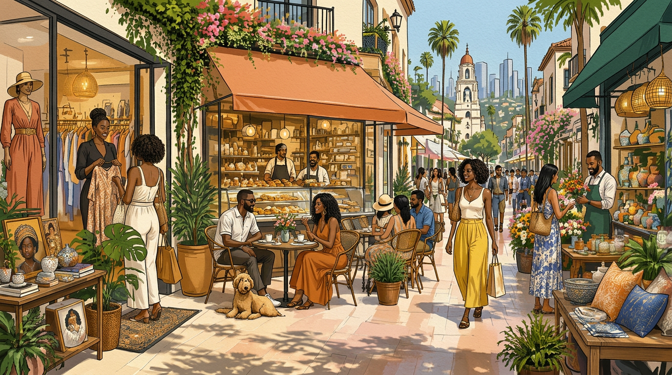 Illustrated Los Angeles neighborhood with shoppers, a clothing boutique, sidewalk café, bakery, artwork, plants, and ceramics.
